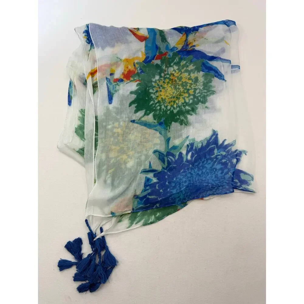 Tropical Floral Tassel Scarf Blue Green 100% Viscose Wrap 72 x 30 Resort